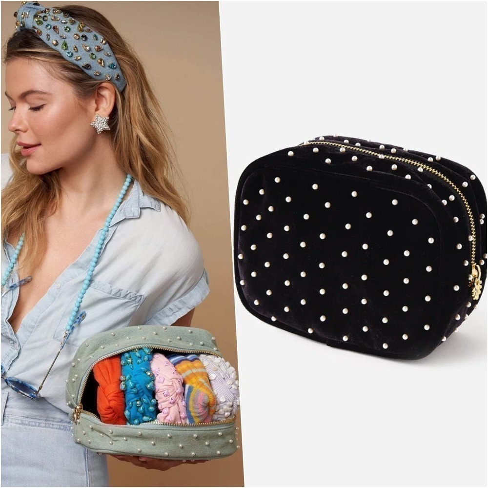 Lele Sadoughi Black Velvet Pearl Embellished Essentials Pouch NWOT
